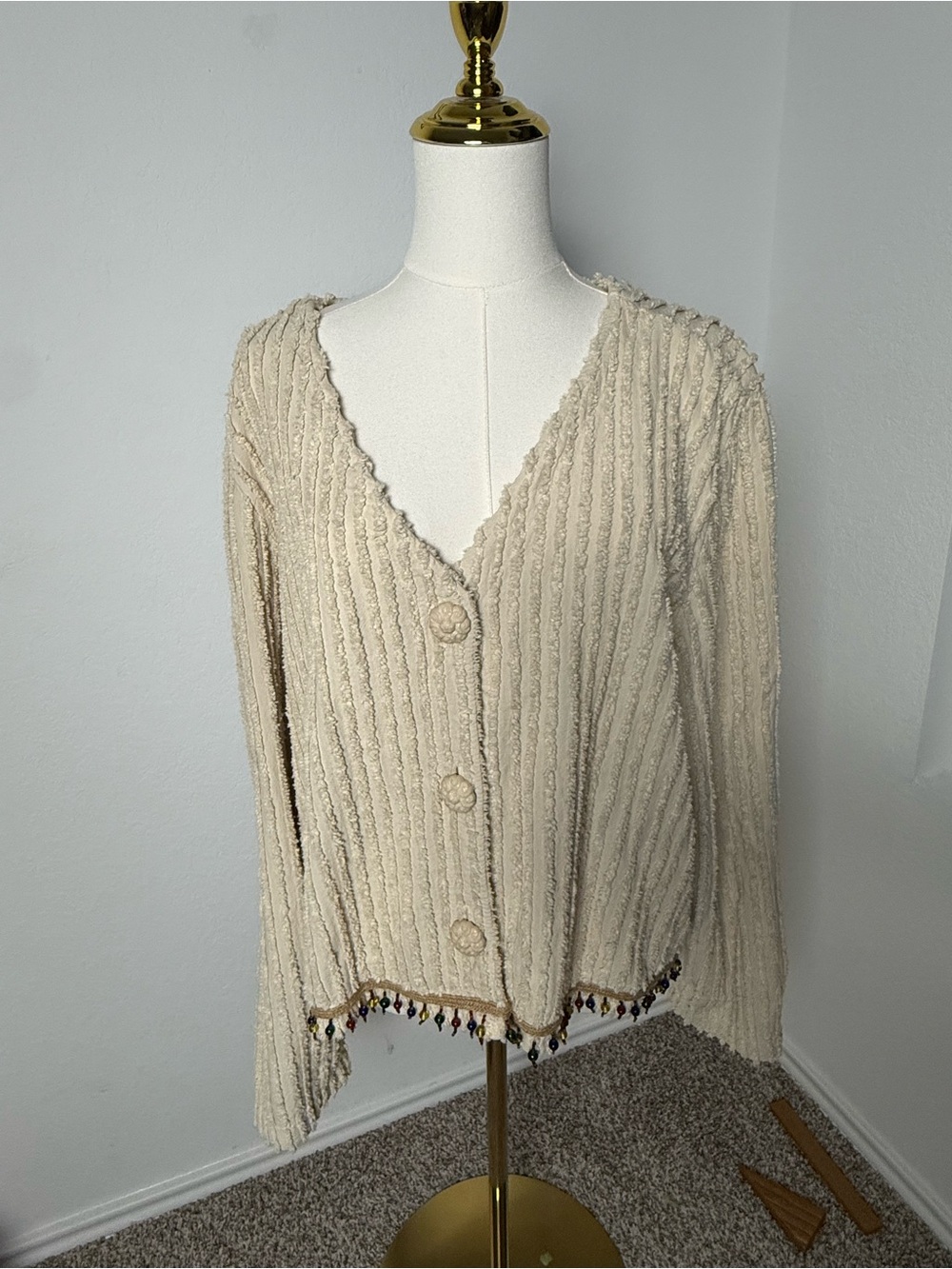 Vintage Cover Charge Cream Button Down Cardigan w/ Beaded Hem XL 100% Cotton